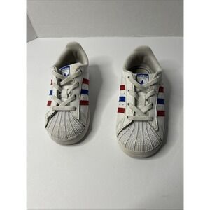 Adidas Superstar Boys White Blue/Red Striped Shell Toe Shoes Sneakers Size 9K